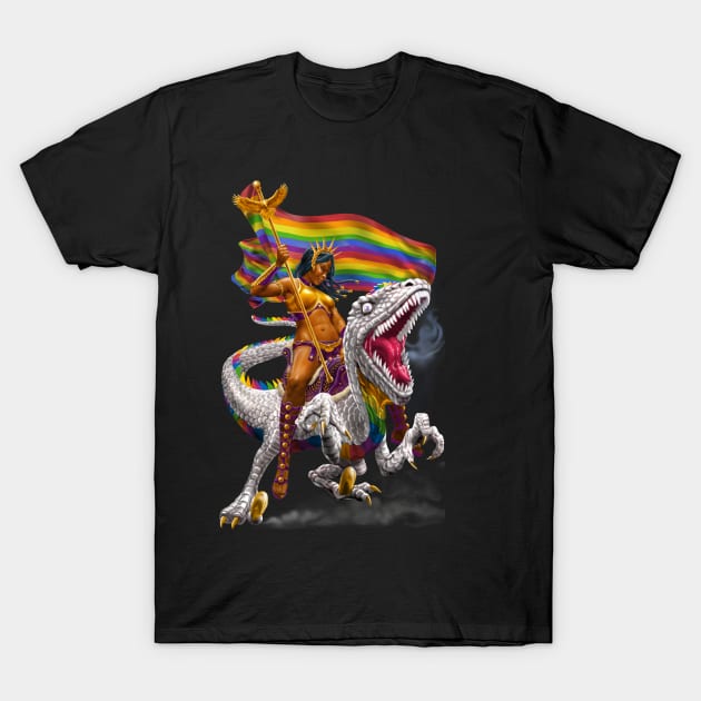 Rainbow Velociraptor Warrior T-Shirt by AyotaIllustration